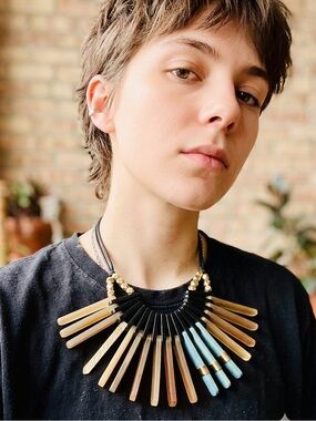 🛼2/$25🛼Boho Necklace Geometric Fan Chunky Tribal Amber & Teal Fringe